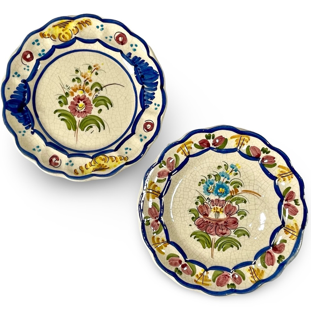 Vintage Pair L. Playa Spanish Majolica Floral Motif Decorative Plates Signed